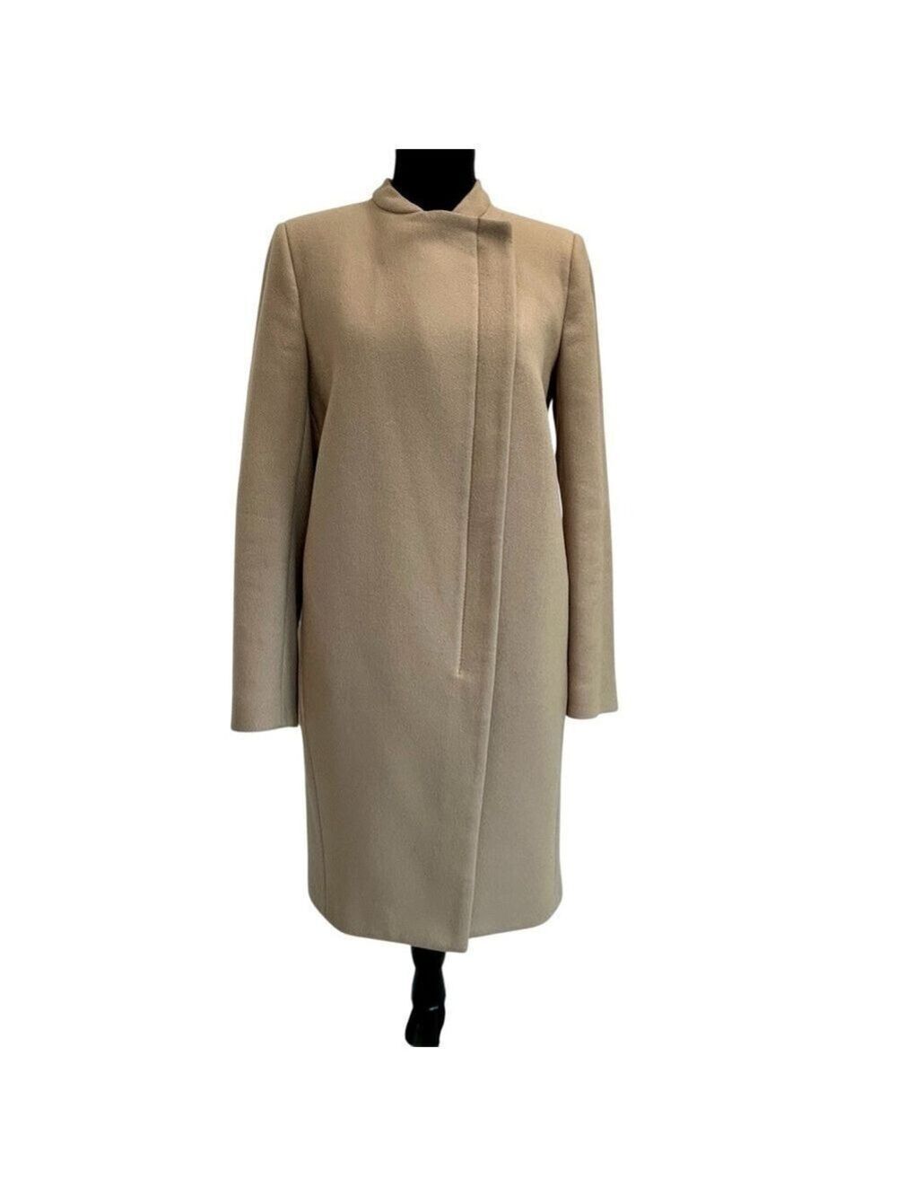 Zara tan brown wool blend asymmetrical zipper closure pea coat Sz S fall winter